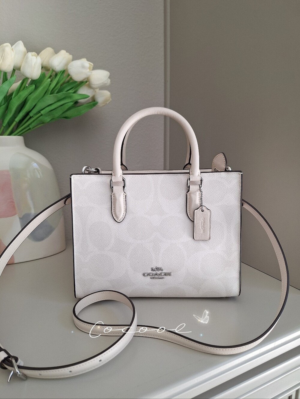 NWT COACH CAL28 Maggie Small Tote Bag In Signature Canvas Leather SV/White/Chalk